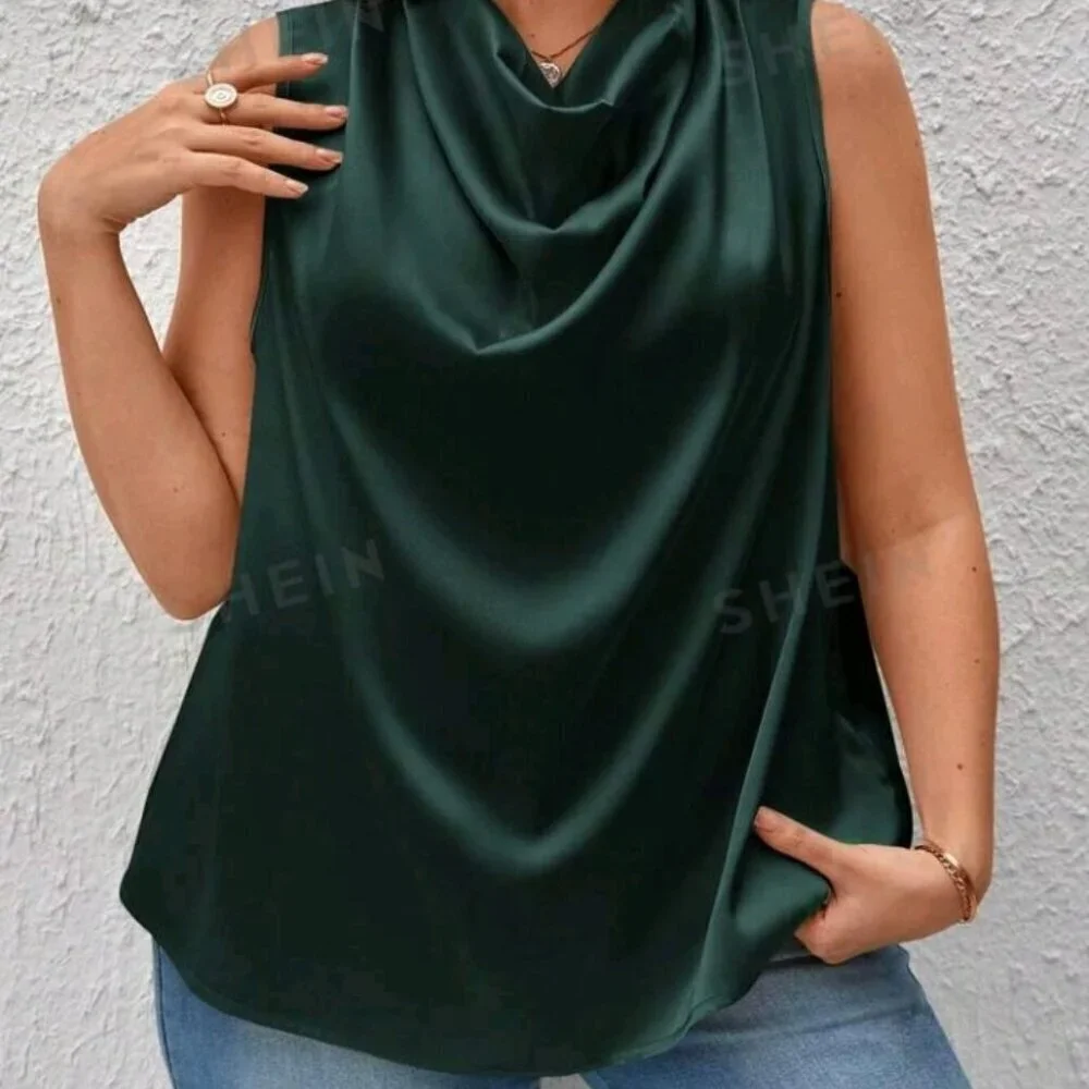 Draped Collar Sleeveless Satin Blouse - Picture 2 of 6
